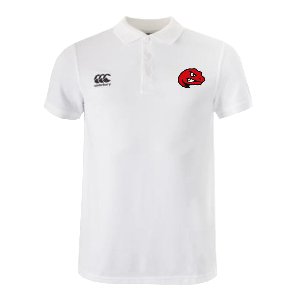 The Angry Newts Waimak Polo by EMB Canterbury is a white men’s rugby polo with a black Canterbury logo and a bold red dinosaur head on the chest—an ideal addition to any rugby polo collection.