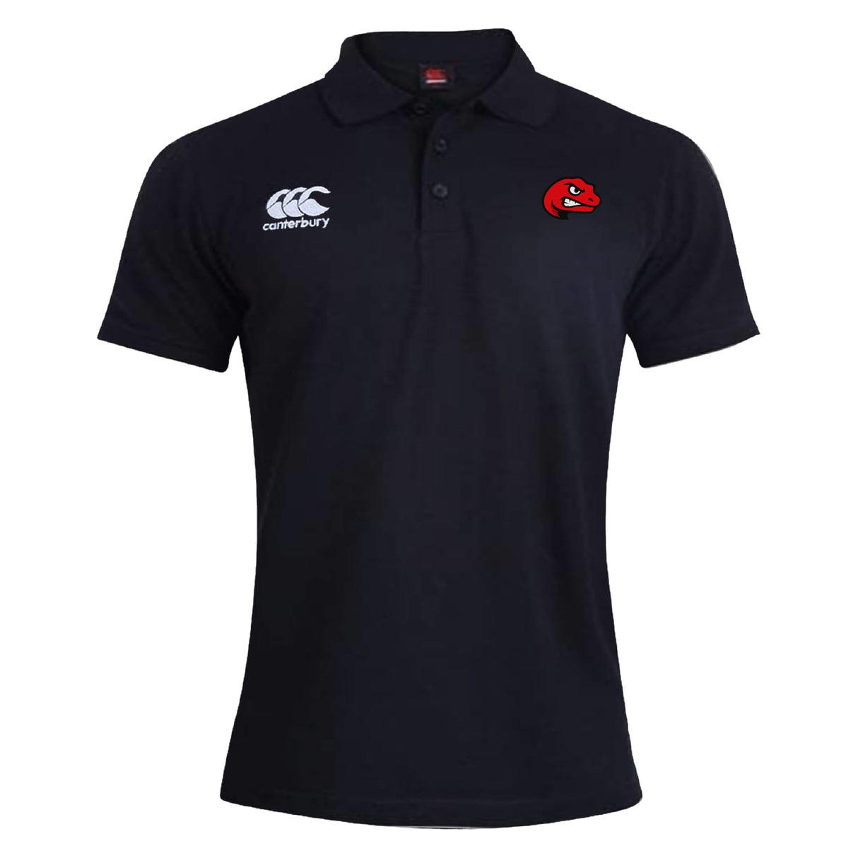 The Angry Newts Waimak Polo by EMB Canterbury is a black men's short-sleeve rugby polo with a white Canterbury logo on the right chest and a red snake head emblem, ideal for fans of classic CCC Waimak Rugby Polo style.