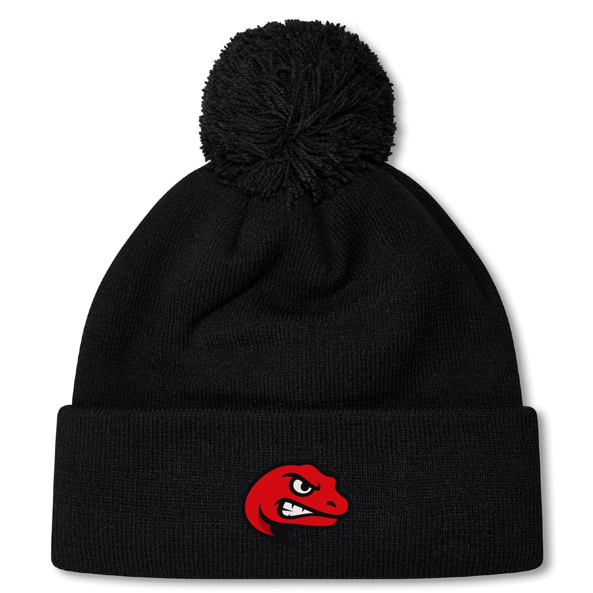 The Angry Newts Pom Pom Beanie by EMB Canterbury is a black knit hat with fleece lining, a top pom-pom, and a fierce red dinosaur head logo on the front cuff.