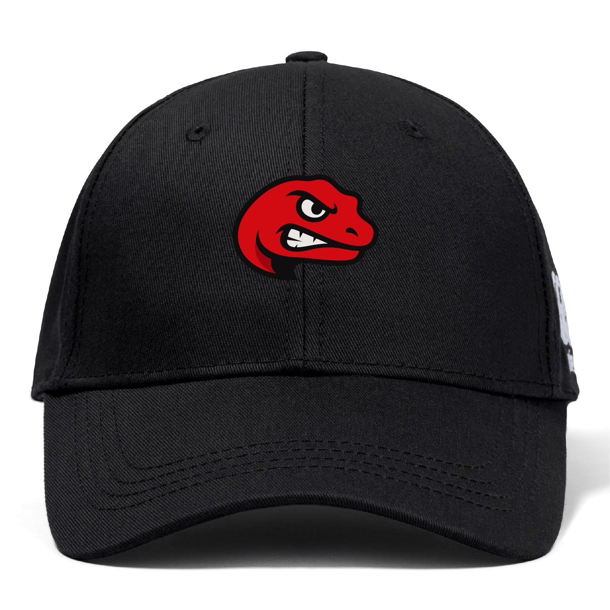 The Angry Newts Flexfit Drill Cap by EMB Canterbury is a black cap with a red, cartoon-style aggressive dinosaur head logo on the front and features a classic curved brim design.