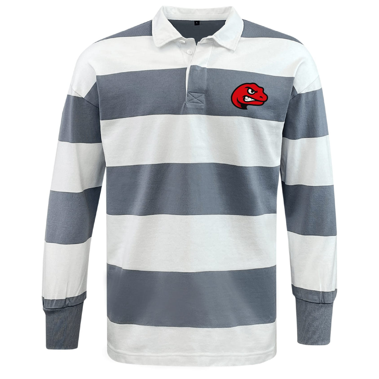 The EMB Mudoo Angry Newts Classic Long Sleeve Hooped Rugby Jersey features wide white and gray stripes with a red snake head logo on the left chest.