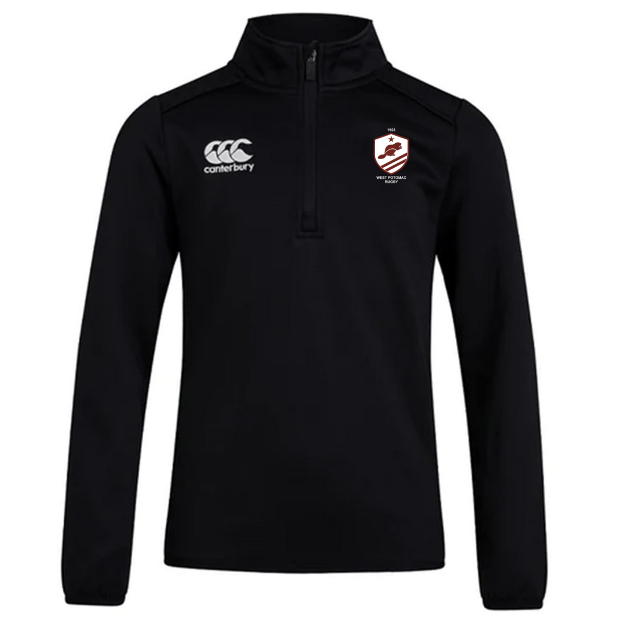 The West Potomac RFC Club 1/4 Zip Mid Layer Training Top by EMB Canterbury is a black rugby training top with a Canterbury logo on the right chest and a red-and-white crest on the left chest.