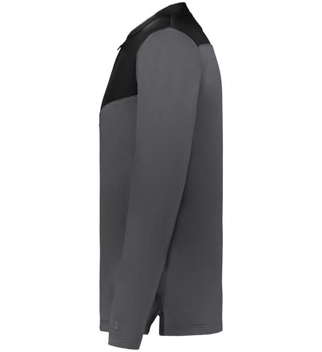 Side view of the EMB Augusta Nations of Rugby Scotland Sideline Grid 1/4 Zip Pullover in dark gray with a black shoulder panel—ideal long-sleeve apparel for Scotland rugby supporters.