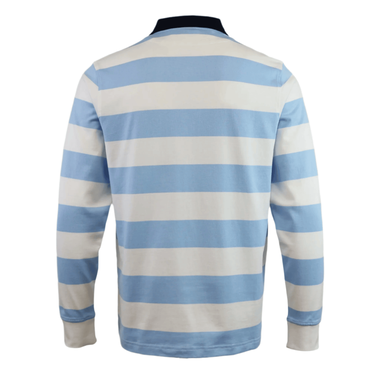The Racing 92 25/26 Heritage Long Sleeve Rugby Jersey by Nike features horizontal light blue and white stripes and is shown from the back.
