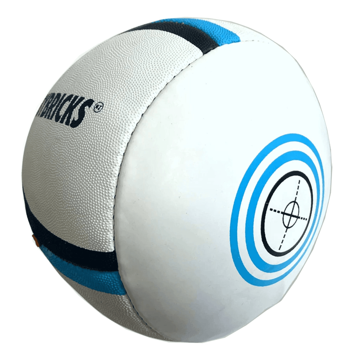 Rugby Bricks rebounder size 5 ball with stained glass designs in dark and light blue and a bullseye at the end of the ball.
