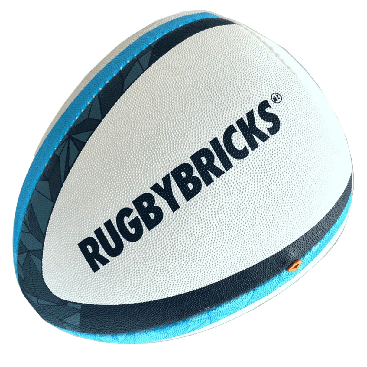 Rugby Bricks rebounder size 5 ball with stained glass designs in dark and light blue.