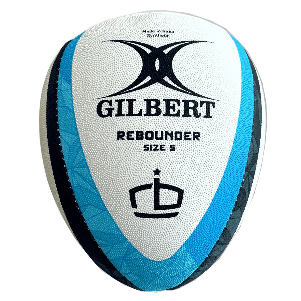 Rugby Bricks rebounder size 5 ball with stained glass designs in dark and light blue with Gilbert logo on the top end.