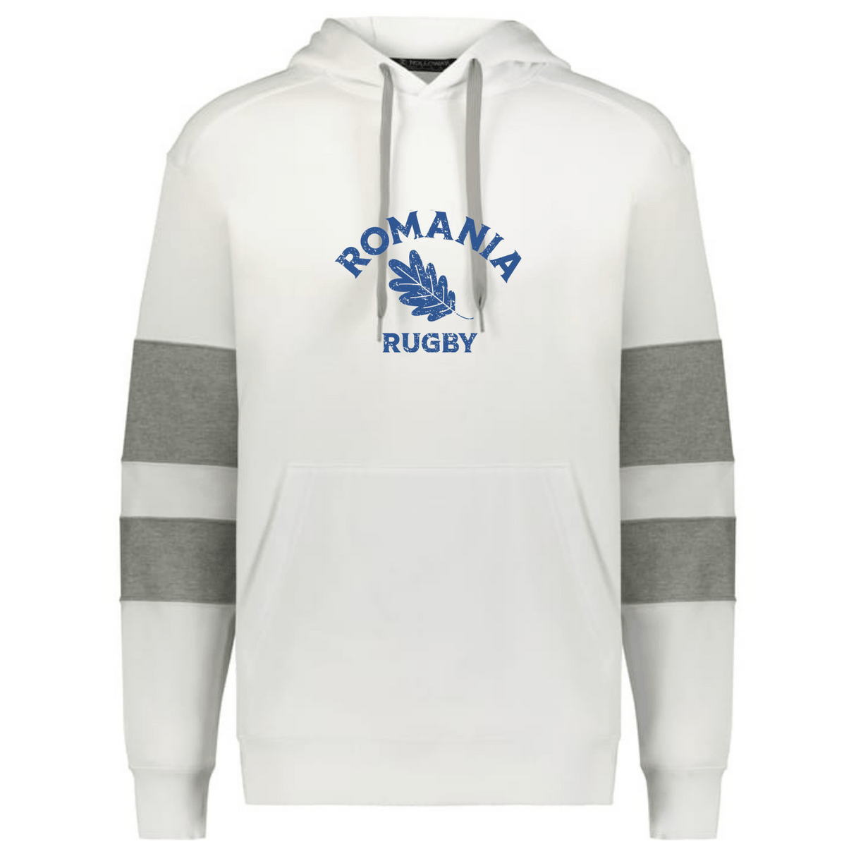 The WRS Augusta Nations of Rugby Romania Jackson Way Hoodie features gray sleeve bands, a front pocket, and "ROMANIA RUGBY" with a laurel graphic in blue—ideal for rugby fans seeking both style and comfort.
