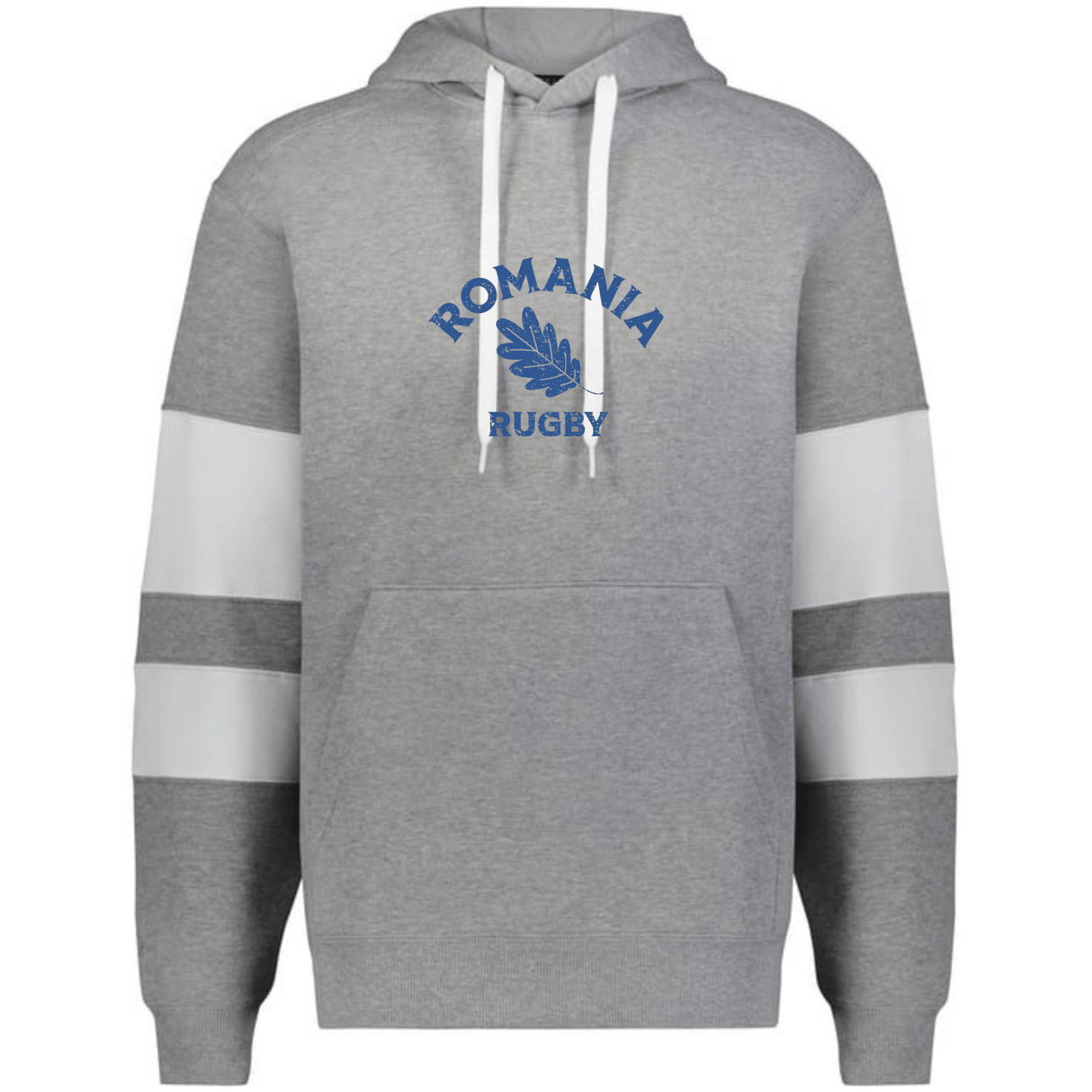 The WRS Augusta Nations of Rugby Romania Jackson Way Hoodie is grey with white drawstrings, white sleeve stripes, and "ROMANIA RUGBY" plus a blue leaf emblem on the chest.