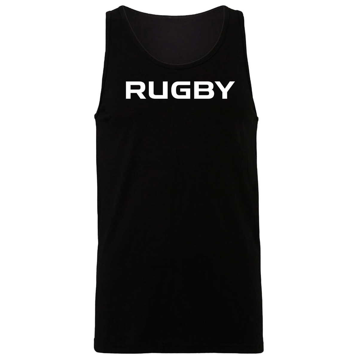 The RUGBY Jersey Tank Top - 99 Collection by WRS S&S Activewear features bold "RUGBY" lettering on a black tank, ideal for fans and players alike.
