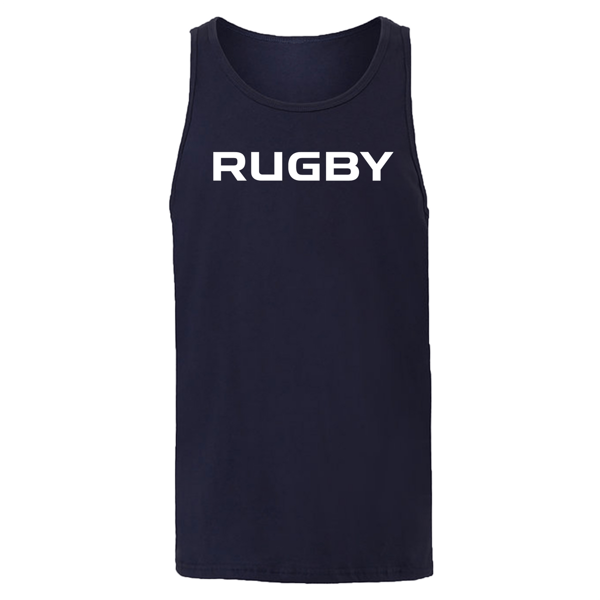 The RUGBY Jersey Tank Top from the 99 Collection by WRS S&S Activewear is a sleeveless black top with bold white "RUGBY" print, ideal for rugby fans after a sporty and stylish look.