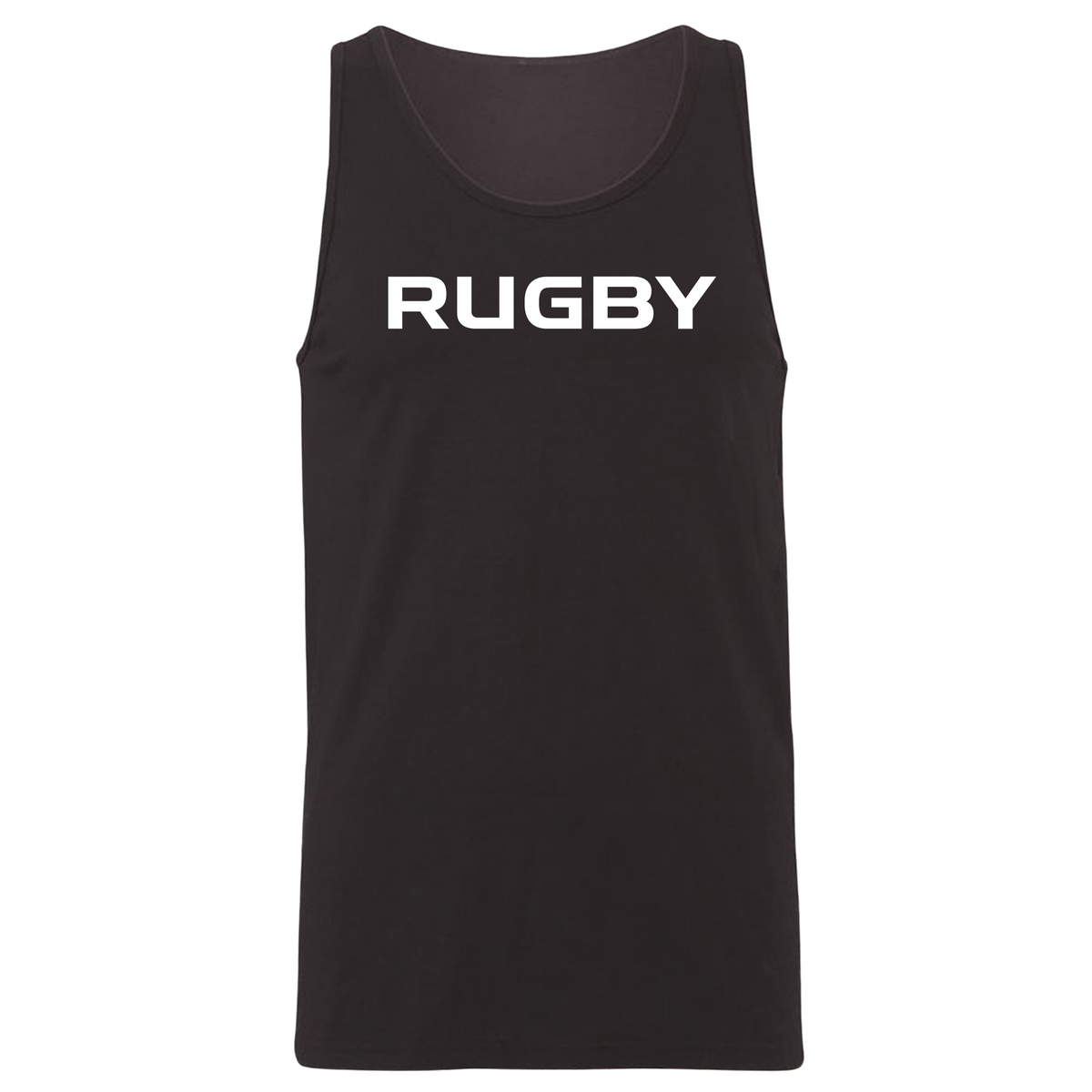 The WRS S&S Activewear RUGBY Jersey Tank Top - 99 Collection features a sleeveless black design with "RUGBY" in bold white lettering—ideal for rugby fans.