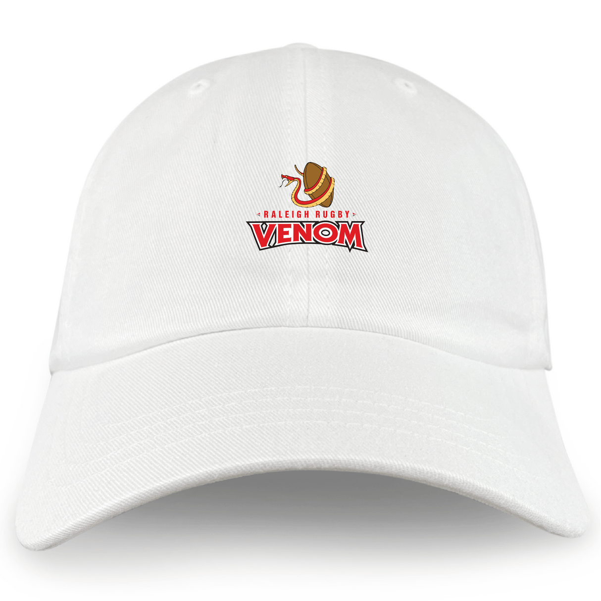 The Raleigh Venom Adult Low-Profile Cotton Twill Dad Cap by EMB S&S Activewear features an embroidered logo with a snake around a brown rugby ball and bold red text.
