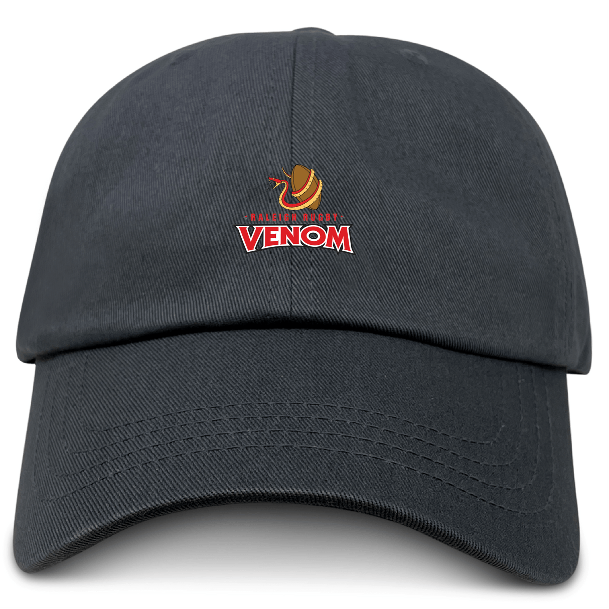 The Raleigh Venom Adult Low-Profile Cotton Twill Dad Cap by EMB S&S Activewear is a black dad cap featuring an embroidered "Venom" logo and a stylized snake design on the front.