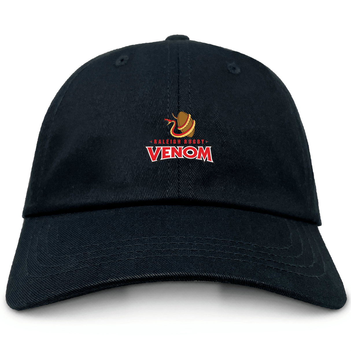 The Raleigh Venom Adult Low-Profile Cotton Twill Dad Cap by EMB Alpha Broder features a black design with the "Raleigh Rugby Venom" logo, including a red and yellow snake and embroidered team branding.