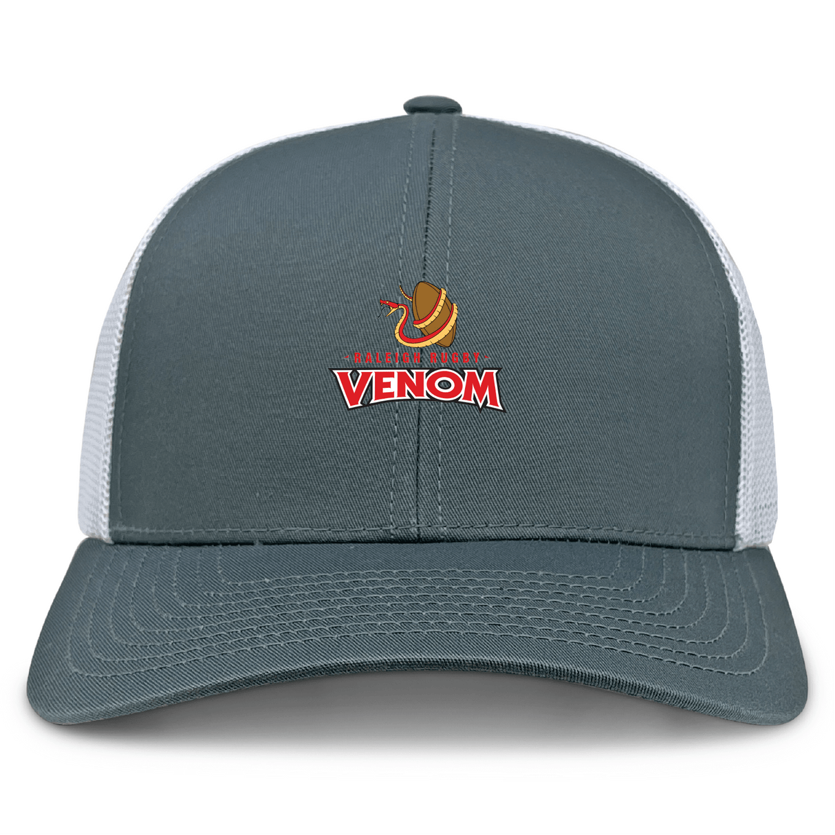 The Raleigh Venom Retro Trucker Cap by EMB S&S Activewear features a gray and white design, brown snake graphic, bold "VENOM" logo, comfy polyester-cotton blend, and adjustable snapback closure.