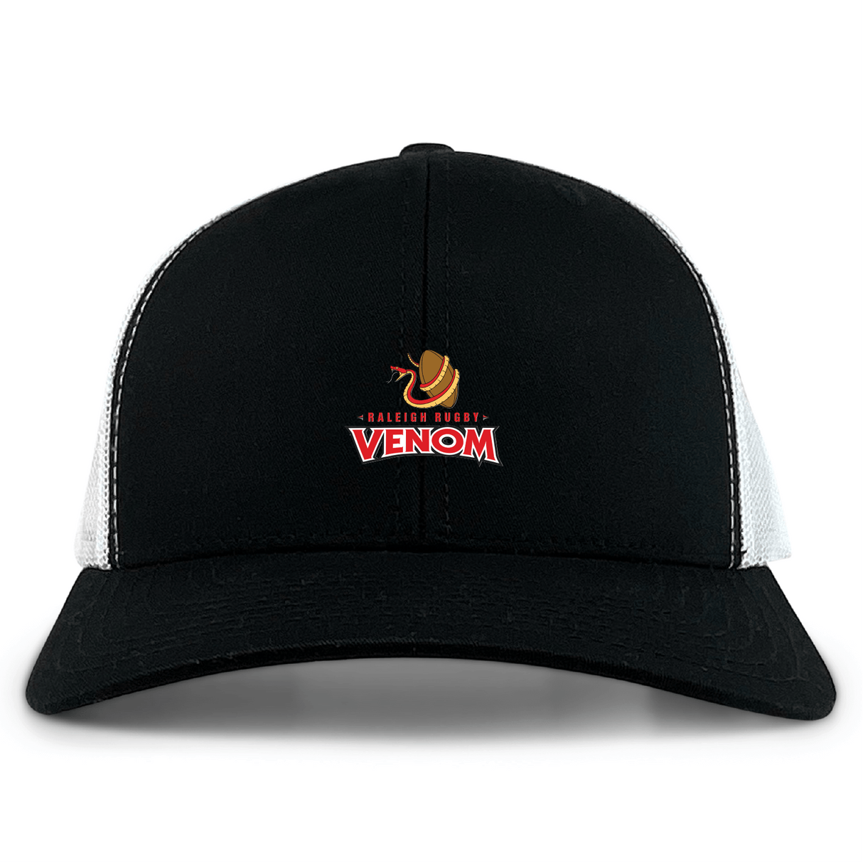 The Raleigh Venom Retro Trucker Cap by EMB S&S Activewear is a black and white snapback hat with mesh, featuring the Raleigh Rugby Venom logo—a stylized snake with red text—on the front, made from a comfy polyester-cotton blend.