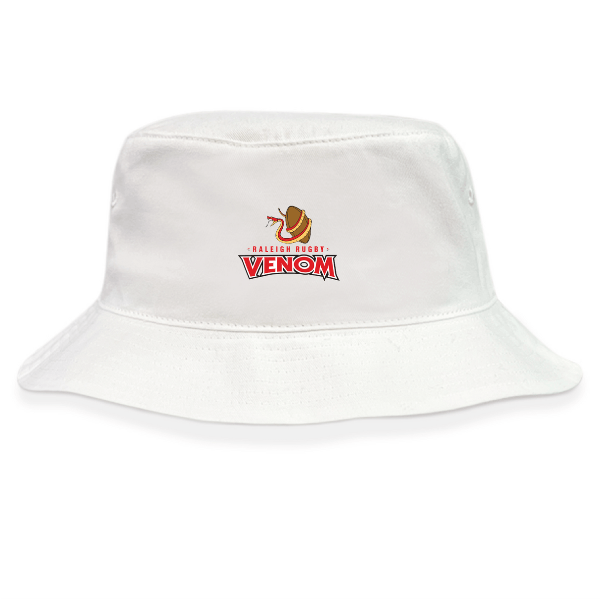 The Raleigh Venom Crusher Bucket Cap by EMB S&S Activewear is a white cotton twill hat featuring the Raleigh Rugby Venom logo with a rugby ball and stylized text on the front for stylish sun protection.