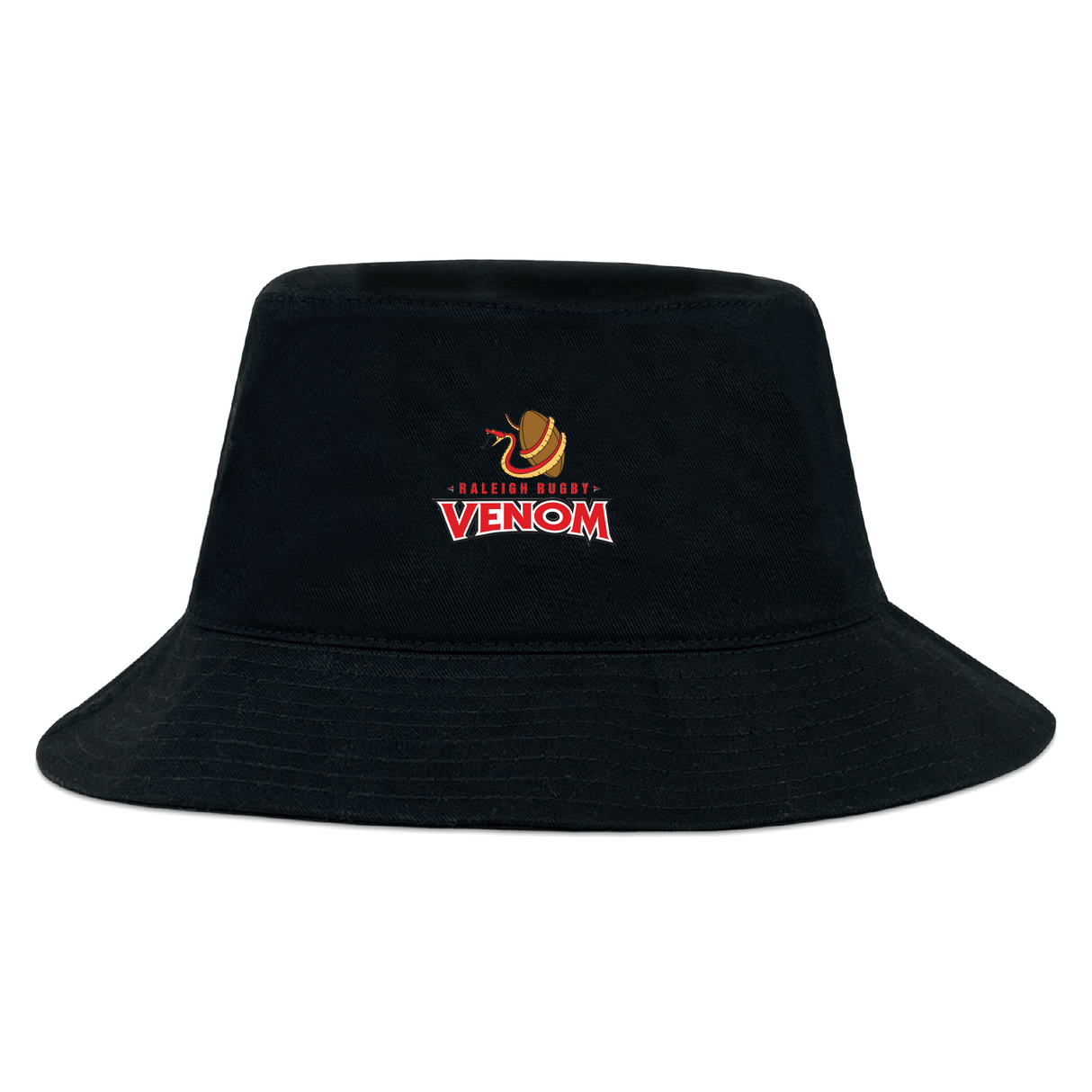 The Raleigh Venom Crusher Bucket Cap by EMB S&S Activewear is a black cotton twill bucket hat with the Harlem Rugby Venom logo embroidered on the front, combining classic style with sun protection.