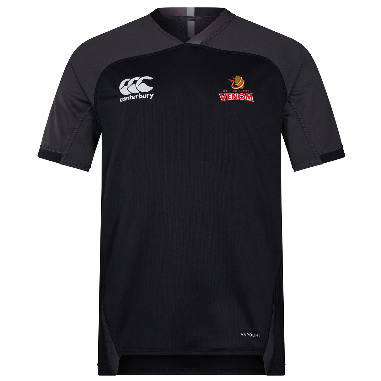 The black and gray Raleigh Venom Vapodri Evader Jersey by EMB Canterbury features "Canterbury" and "VENOM" logos on the front. Enhanced with VapoDri technology, it’s perfect for showcasing your passion during the Rugby World Cup.