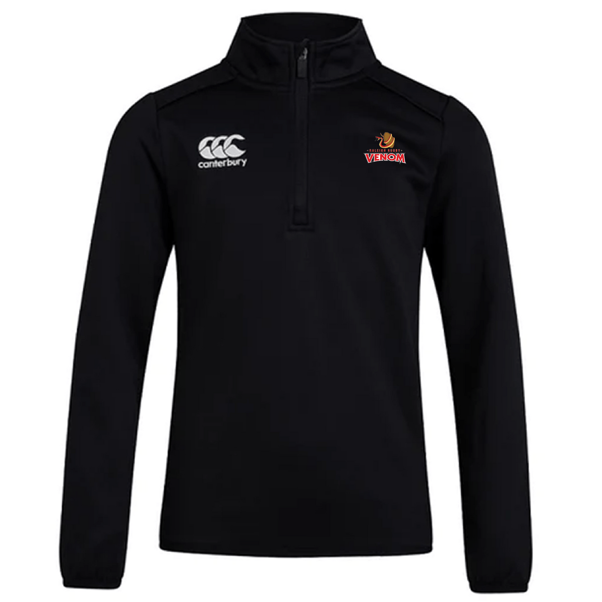 The Raleigh Venom Club 1/4 Zip Mid Layer by Canterbury is a black pullover with the "Canterbury" logo on the left chest and a striking "Venom" design on the right, ideal as a stylish rugby mid layer.
