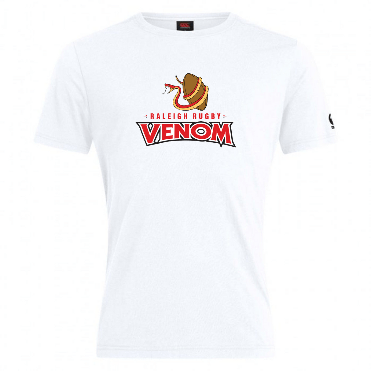 The Raleigh Venom Club Plain Tee by WRS Canterbury features a snake in a rugby helmet logo, offering customization options for a stylish and personal touch.