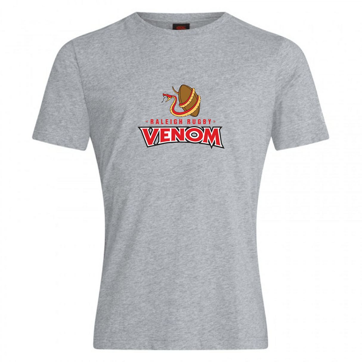 The Raleigh Venom Club Plain Tee by WRS Canterbury is a gray cotton blend T-shirt with the Raleigh Rugby Venom logo—featuring a coiled snake above "VENOM." Ideal for fans and customizable via CCC Club for your unique style.
