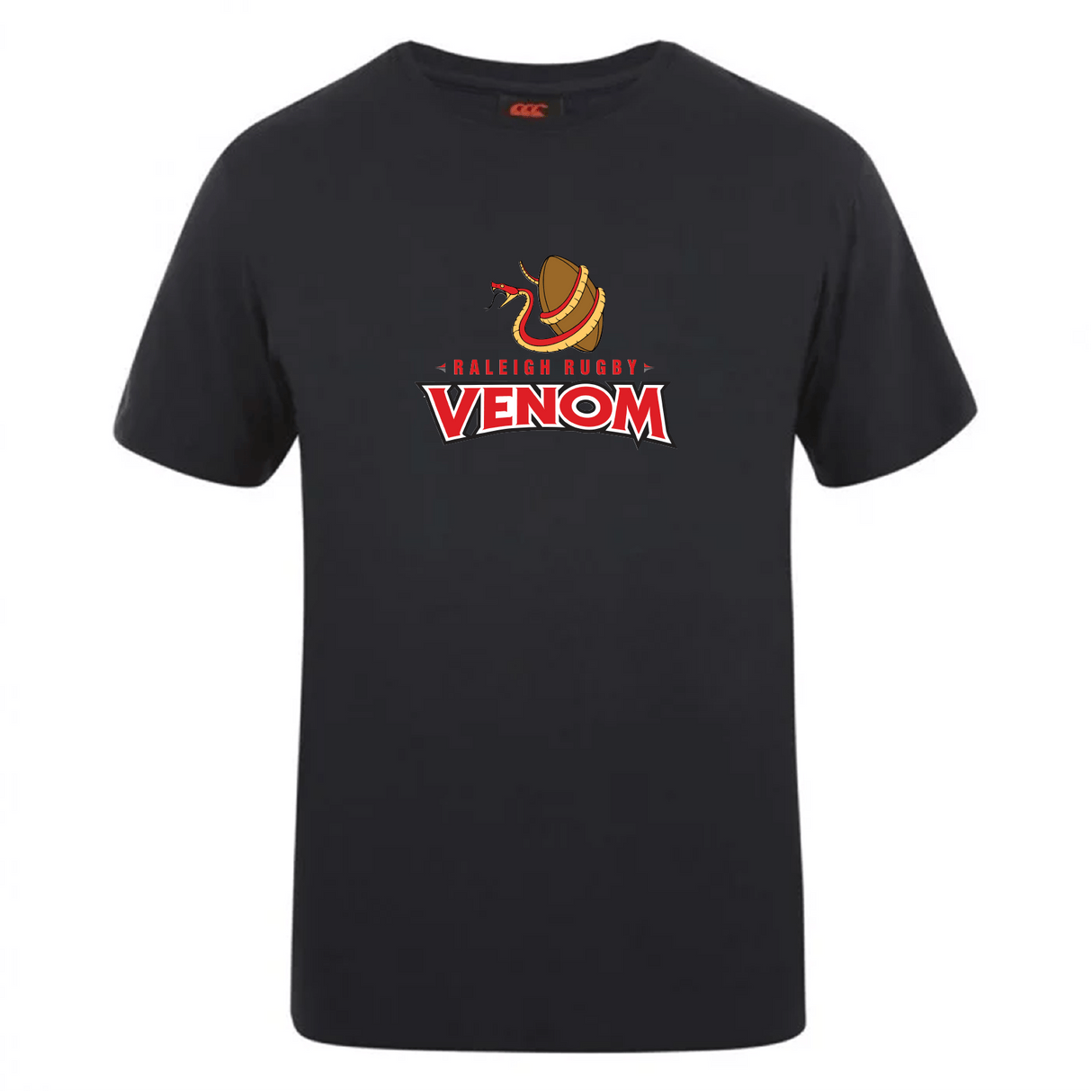The Raleigh Venom Club Plain Tee by WRS Canterbury features a coiled red snake, rugby ball, and bold "Raleigh Rugby Venom" text in red and yellow. Made from a premium cotton-heavy blend, it's ideal for fans seeking stylish wardrobe customization.