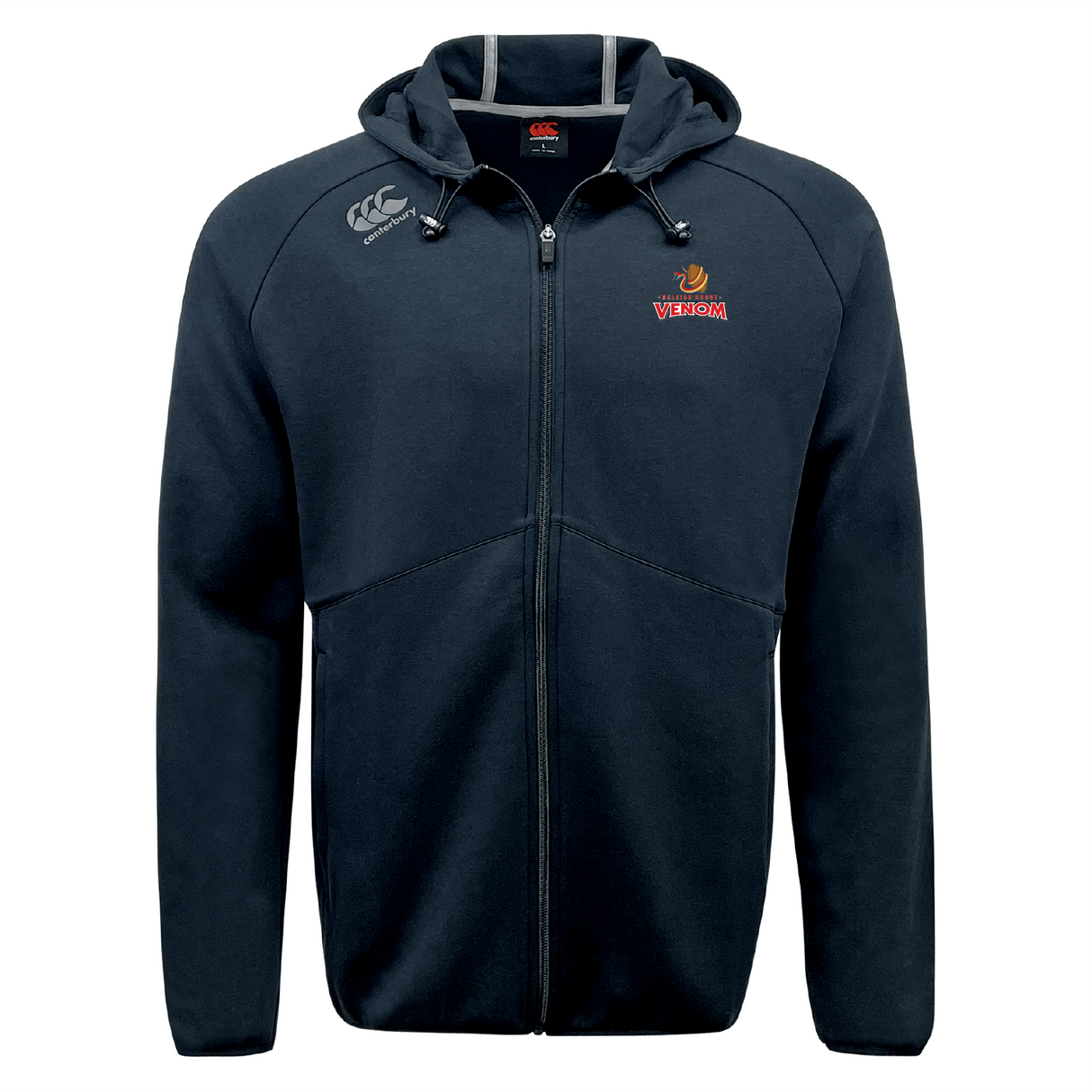 The Raleigh Venom Tempo Vapodri, a full-zip navy blue hoodie by EMB Canterbury, features moisture-wicking fabric with embroidered logos on the chest and shoulder.