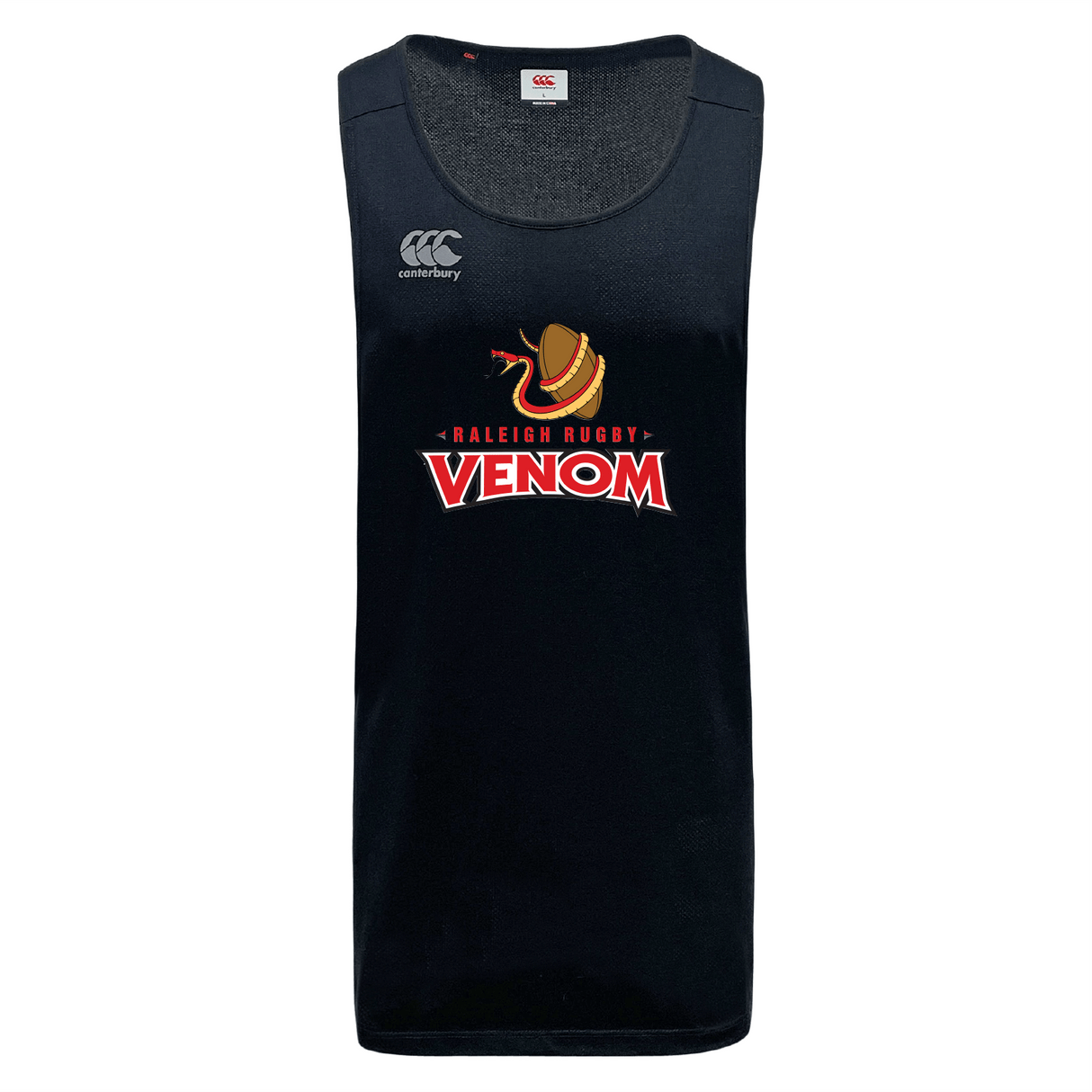 Stay cool and dry in the Raleigh Venom Tempo Vapodri Singlet by WRS Canterbury. Featuring a snake coiled around a rugby ball, this black tank showcases the "Raleigh Rugby Venom" logo. Crafted from recycled polyester with VapoDri technology, it ensures ultimate comfort.