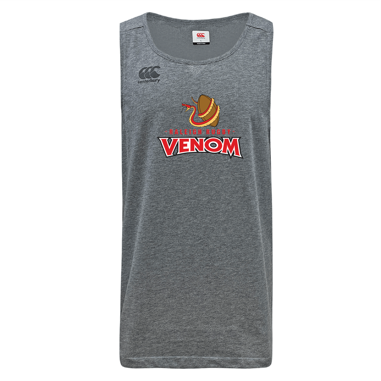 The Raleigh Venom Tempo VapoDri Singlet by WRS Canterbury, made from recycled polyester, features a "Venom" logo with a coiled snake and red lettering. Its advanced VapoDri technology keeps you cool and dry while ensuring eco-friendly comfort.
