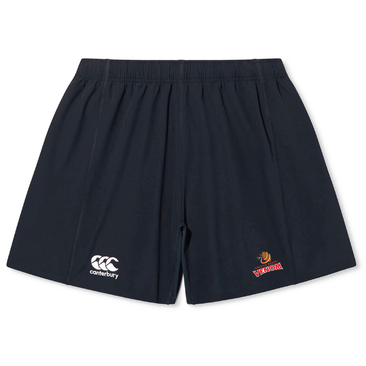 The Raleigh Venom Yokohama Short by EMB Canterbury is black with an elastic waistband, featuring a white Canterbury logo on the left leg and a colorful Veron logo on the right.