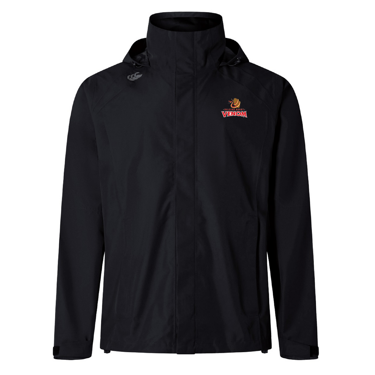 The Raleigh Venom Elite Storm Jacket by EMB Canterbury is a black hooded jacket with a small red and yellow "Venom" logo on the left chest, featuring Vaposhield performance for enhanced breathability.