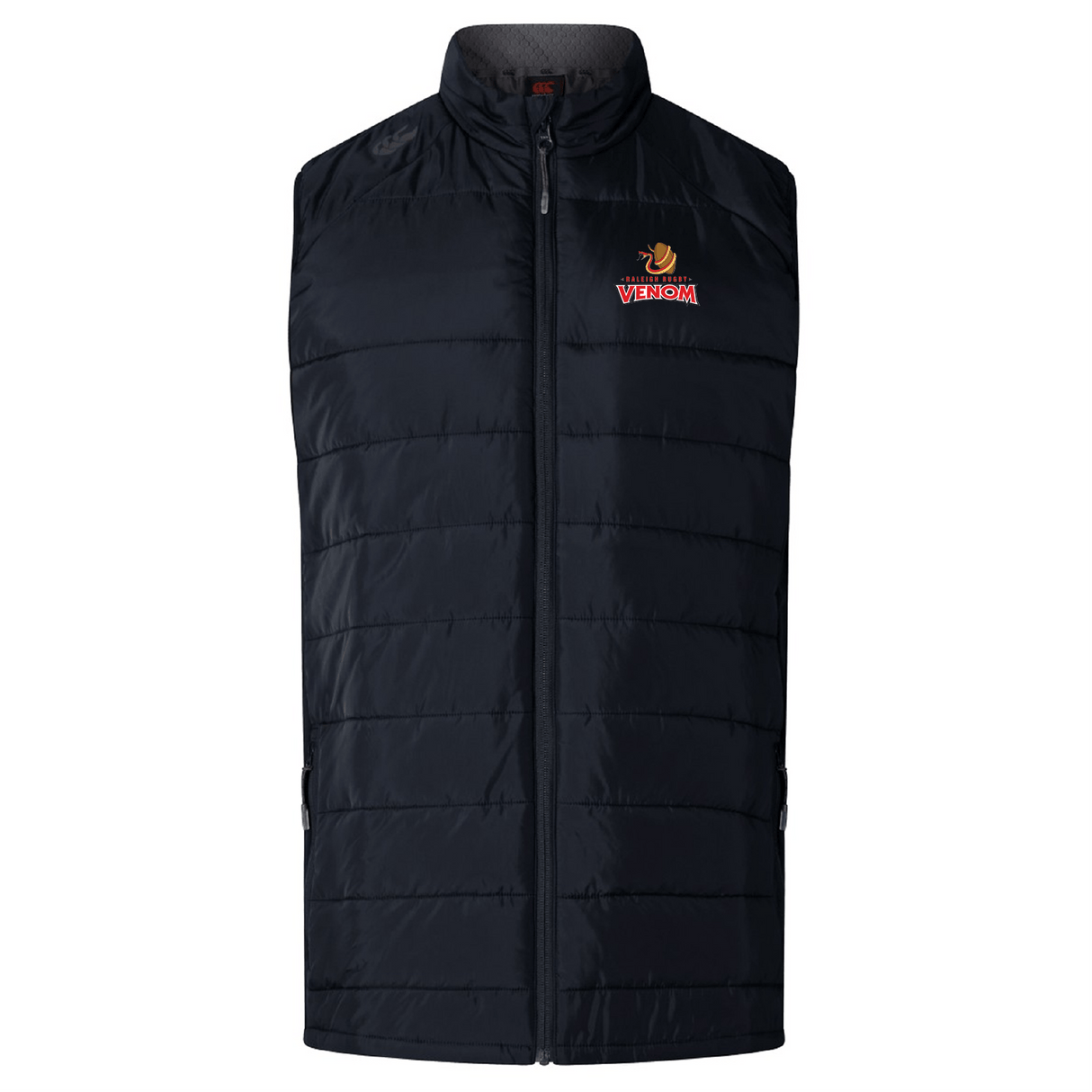 The Raleigh Venom Elite Microlite Gilet by Canterbury features black quilted insulation with a front zipper. "Venom" and a flame logo are embroidered in red on the chest, blending style and warmth with thermoreg bonded fleece. Brand: EMB Canterbury.