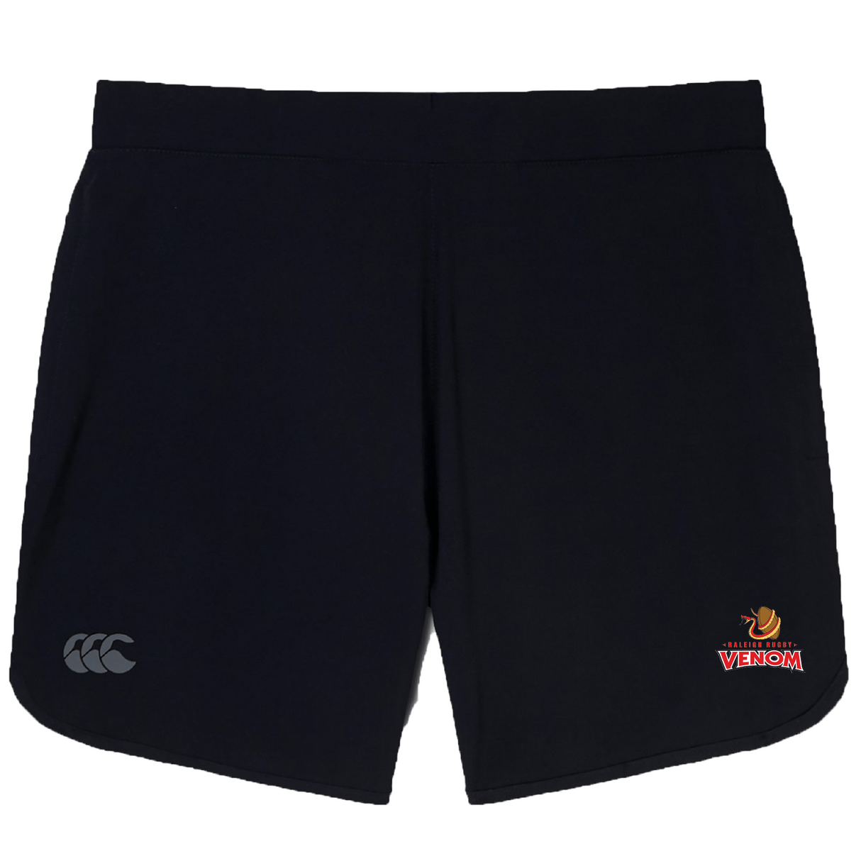Raleigh Venom Elite Woven Short by EMB Canterbury: Stylish black shorts with subtle logos on both sides, ideal for gym sessions.