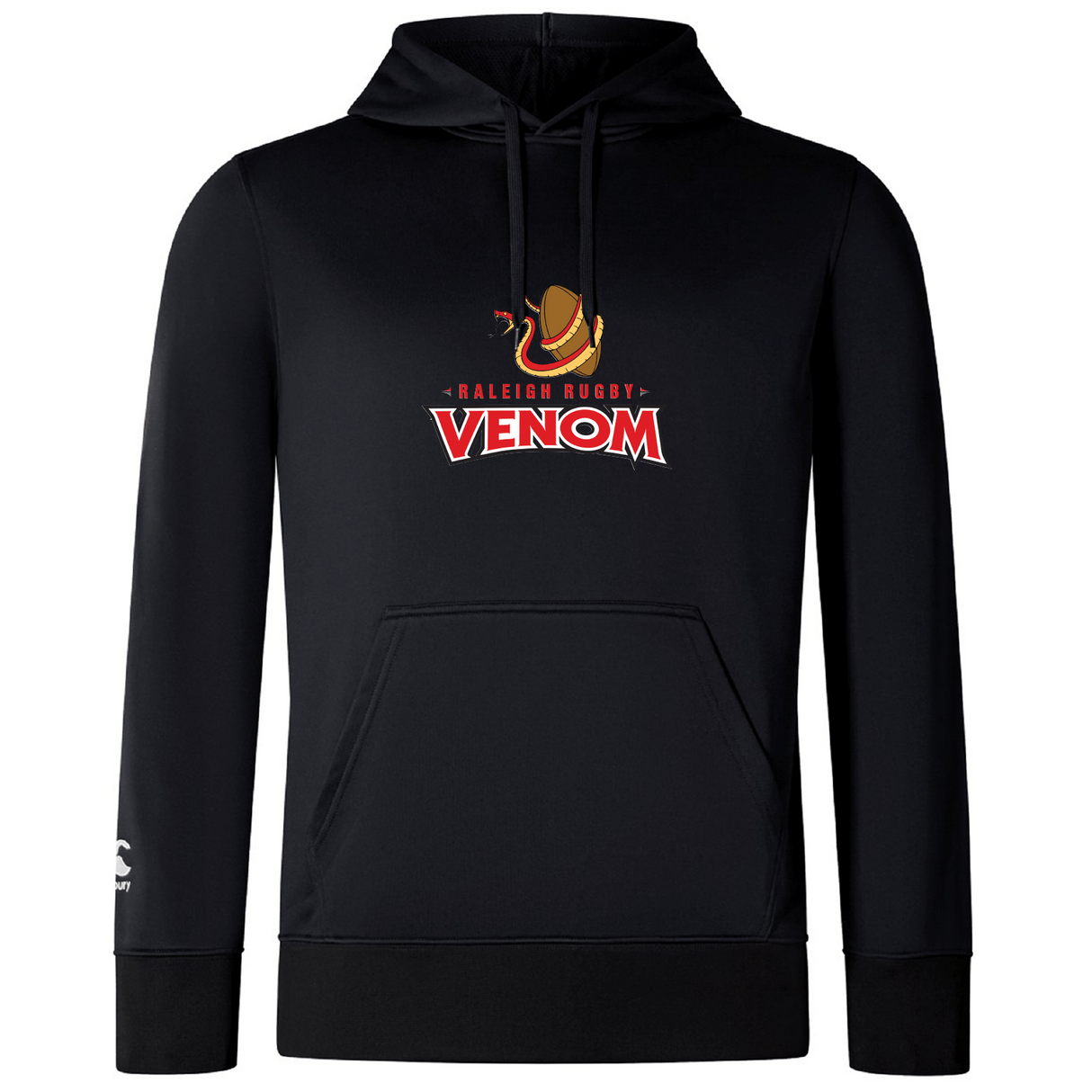 This lightweight black hoodie by WRS Canterbury showcases the "Raleigh Venom Club" logo with a cowboy hat graphic, features a front kangaroo pocket, and displays the Canterbury logo on the left sleeve.