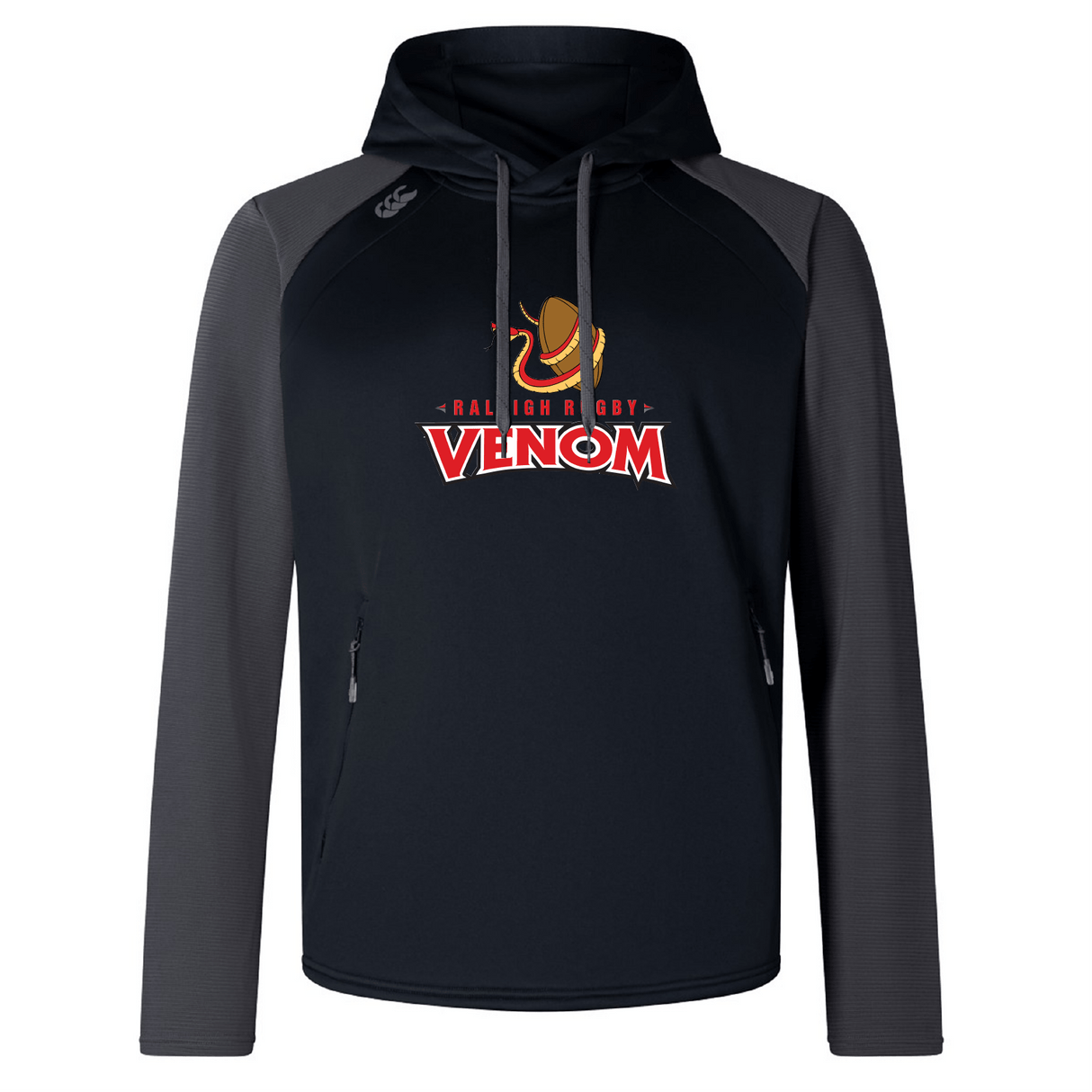The Raleigh Venom Elite Training Hoody by WRS Canterbury, featuring a snake logo, is crafted from premium fabrics for performance and comfort. It has a dark body with lighter sleeves.