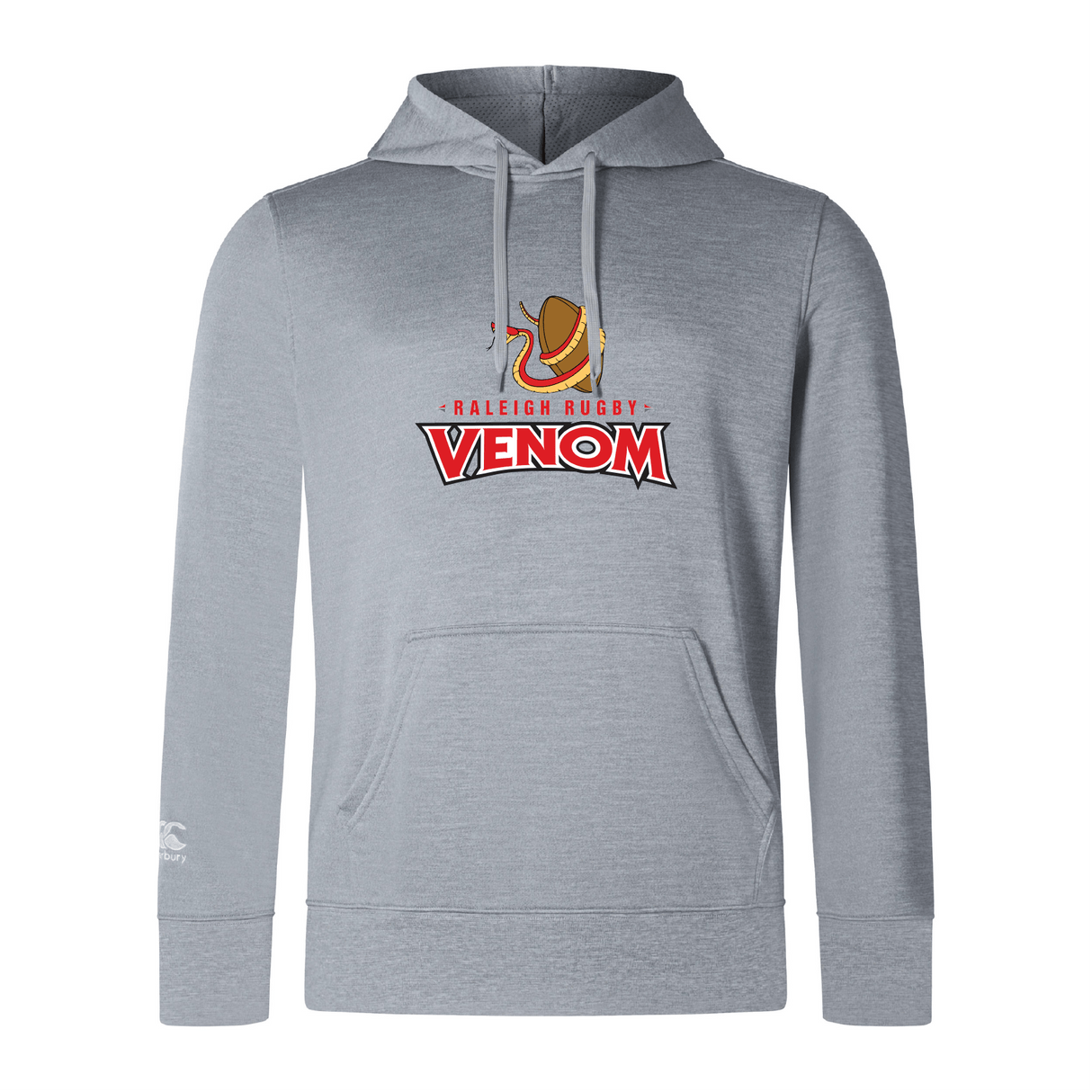 The Raleigh Venom Club Lightweight Hoodie by WRS Canterbury is gray with a "Raleigh Rugby Venom" logo of a stylized snake and rugby ball on the chest. This polyester hoodie includes a kangaroo pocket for storage.