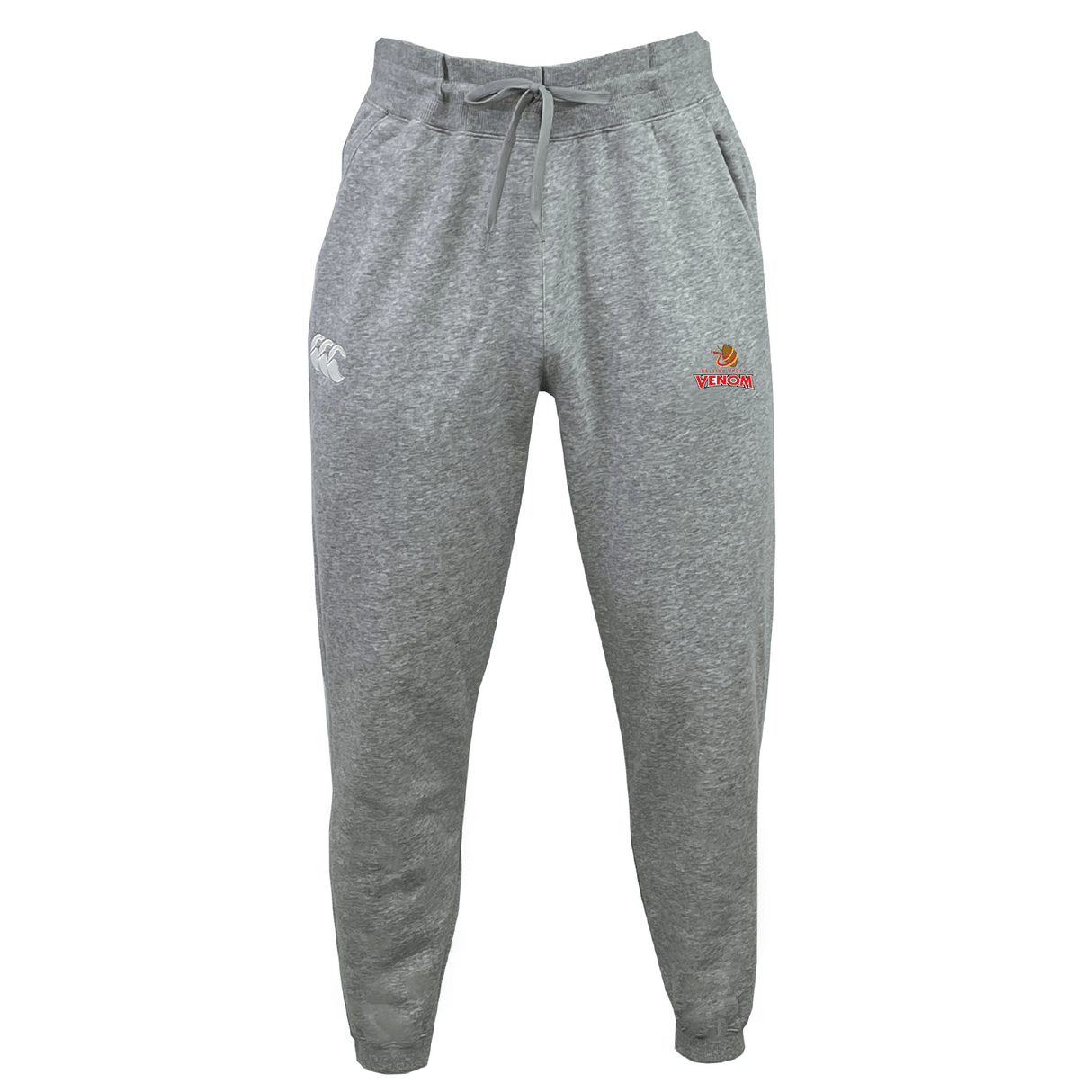 The Raleigh Venom Leisure Sweatpant by EMB Canterbury is made from recycled polyester and organic cotton, featuring an elastic waistband and drawstring. With a small logo on the right and "Canterbury" on the left, they combine style with sustainability.