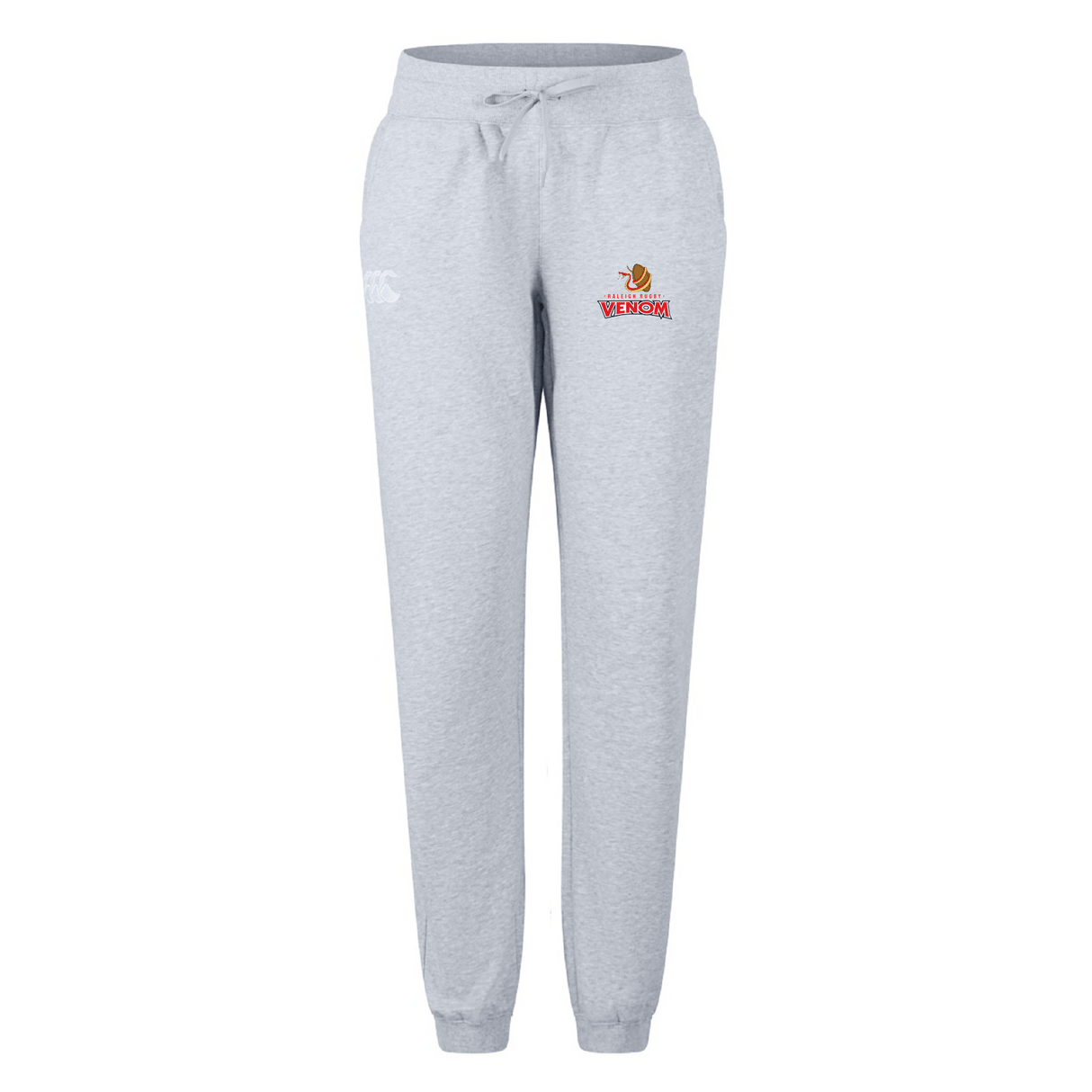 The Raleigh Venom Women's Leisure Sweatpant by EMB Canterbury features a drawstring waist and cotton blend fleece, with a small intricate design on the right thigh and a large colorful Canterbury logo on the left.