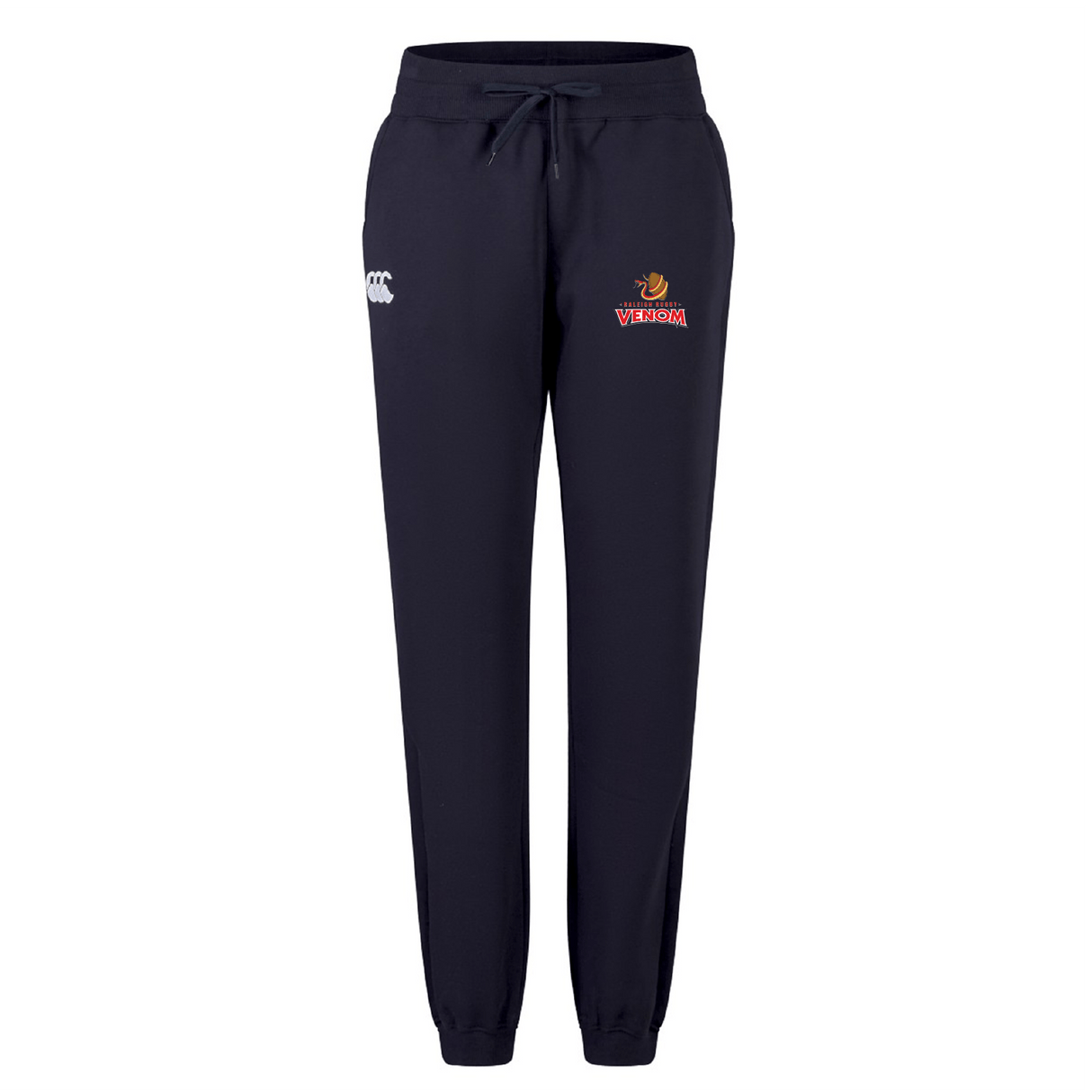 The Raleigh Venom Women's Leisure Sweatpant by EMB Canterbury in navy blue features a cotton blend fleece, drawstring waistband, elastic cuffs, and the Canterbury logo embroidered on both thighs for added style.