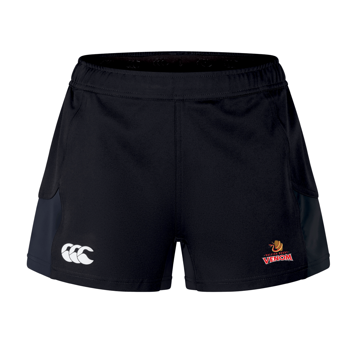 Discover the Raleigh Venom Women's Advantage Short 2.0 by EMB Canterbury, designed for peak performance with recycled materials. These black shorts feature a white logo on the left thigh and a red and yellow emblem on the right, seamlessly blending style with sustainability.