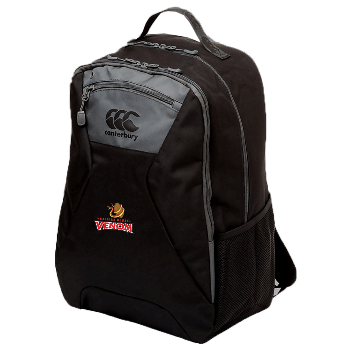 Introducing the Raleigh Venom Medium Backpack by EMB Canterbury: a stylish black design with gray accents and logos. It boasts ergonomic shoulder straps, Vaposhield technology, a top handle, and mesh side pockets for added comfort and convenience.