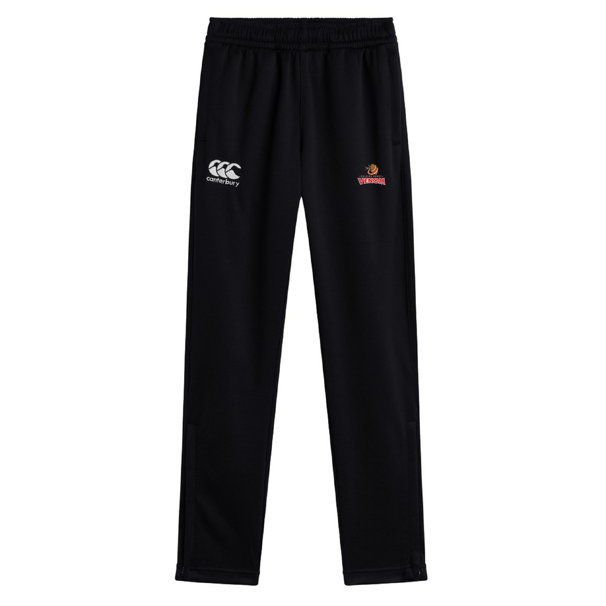 Introducing the Raleigh Venom Stretch Tapered Pant by EMB Canterbury: black tapered track pants featuring the Canterbury logo, emblem on the front, and quick dry fabric, perfect for workouts.