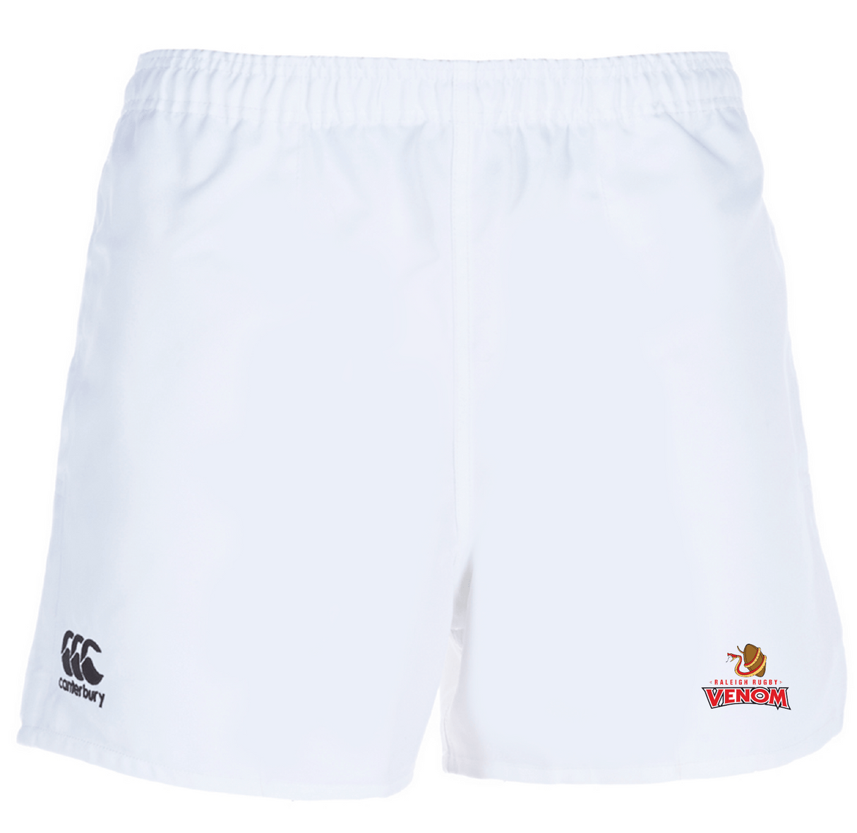 The Raleigh Venom Professional Rugby Shorts by EMB Canterbury are white polyester, featuring an elastic waistband, the Canterbury logo on the left, and the Venom logo on the right.