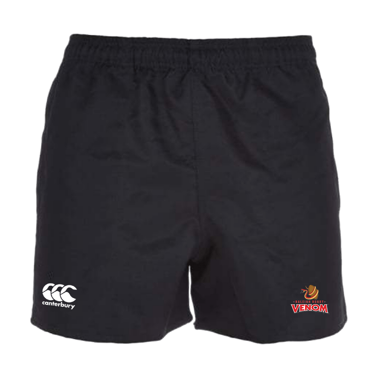 Raleigh Venom Advantage Rugby Shorts by EMB Canterbury feature moisture-wicking fabric, with a white "canterbury" logo on the left and a colorful "VENOM" logo with a snake on the right.