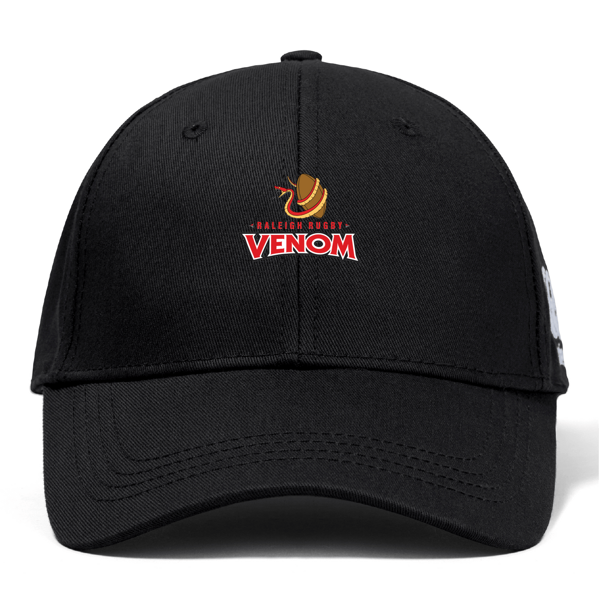 The Raleigh Venom Flexfit Drill Cap by EMB Canterbury showcases a snail graphic above "Ballers Hobby Venom" and features a curved brim for a modern look.