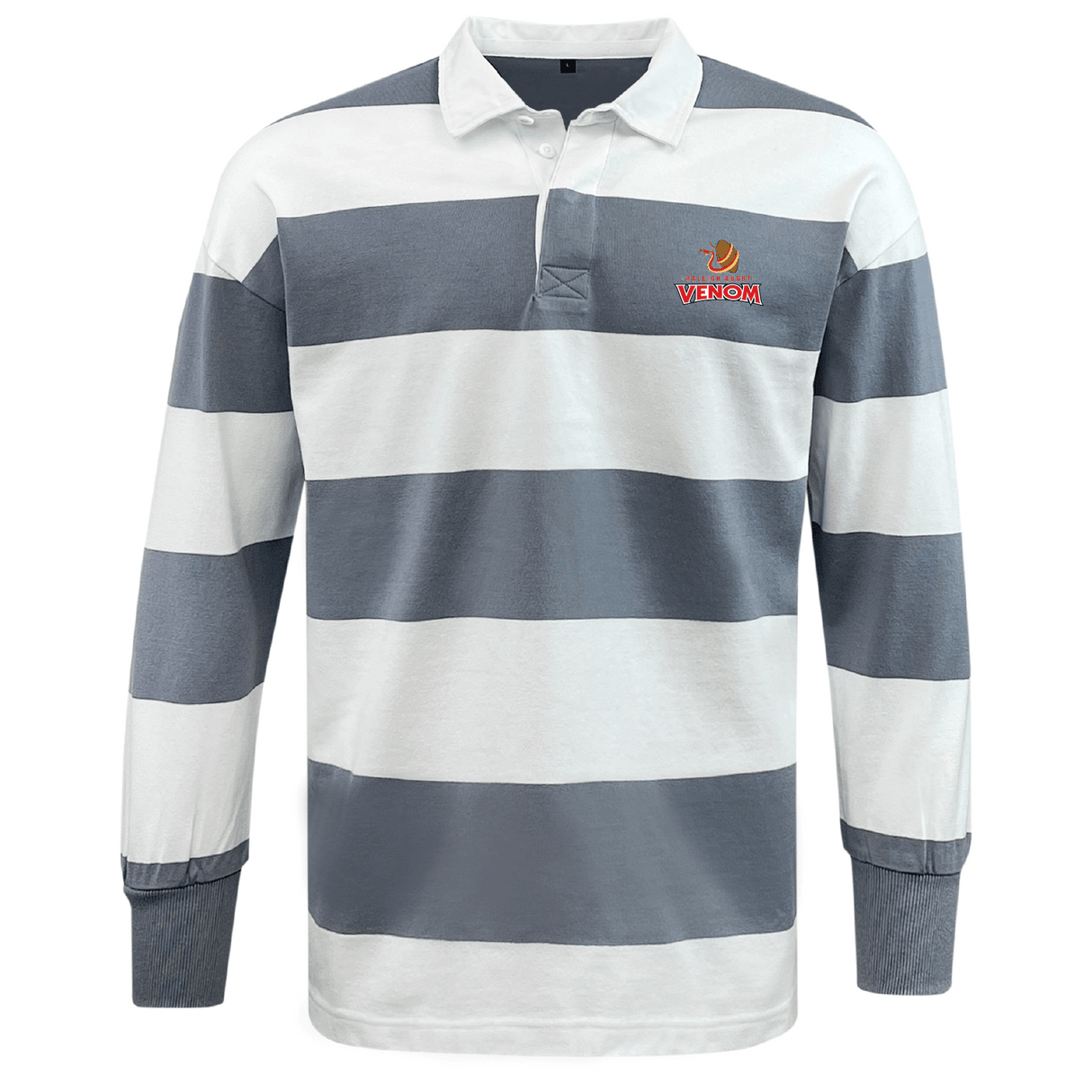 The Raleigh Venom Classic Long Sleeve Hooped Rugby Jersey by EMB Mudoo exudes nostalgic charm with its wide gray and white stripes, long sleeves, smart collar, and iconic "Venom" logo on the chest—a timeless classic with modern appeal.