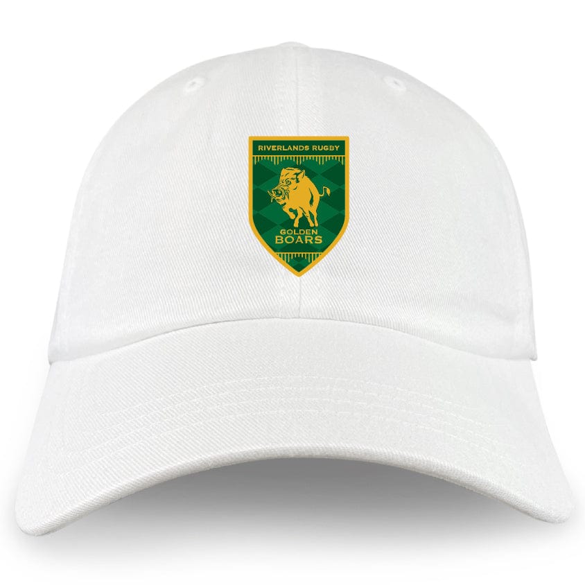 The EMB S&S Activewear Riverlands Rugby Adult Low-Profile Cotton Twill Dad Cap features a green and gold “Riverlands Rugby Golden Boars” logo with a wild boar on the front panel.