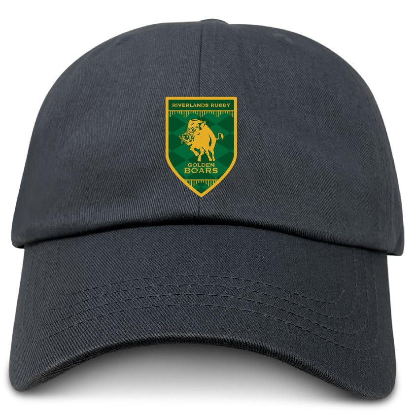 The Riverlands Rugby Adult Low-Profile Cotton Twill Dad Cap by EMB S&S Activewear features a green and gold Golden Boars logo with a bold boar graphic—perfect for any rugby fan.